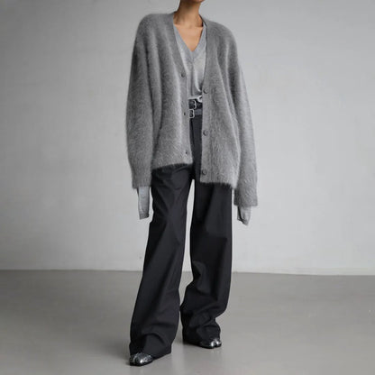 Comfortable Brown Cardigan for Women with V Neck Button Front Oversized Fit Wrap Front Relaxed Style