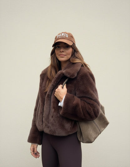 Comfortable Brown Faux Fur Coat for Women with Knit Relaxed Fit Everyday Wear Layered Style