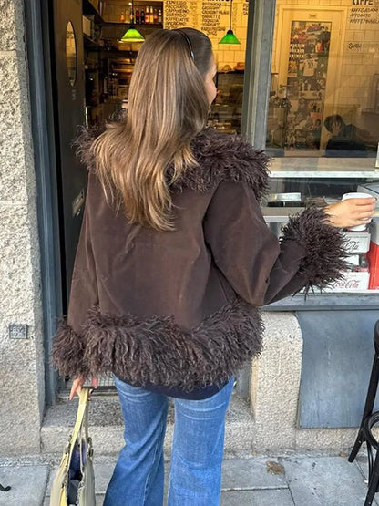 Comfortable Brown Faux Fur Coat for Women with Knit Relaxed Fit Everyday Wear Outdoor Style