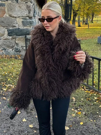 Comfortable Brown Faux Fur Coat for Women with Knit Relaxed Fit Everyday Wear Outdoor Style