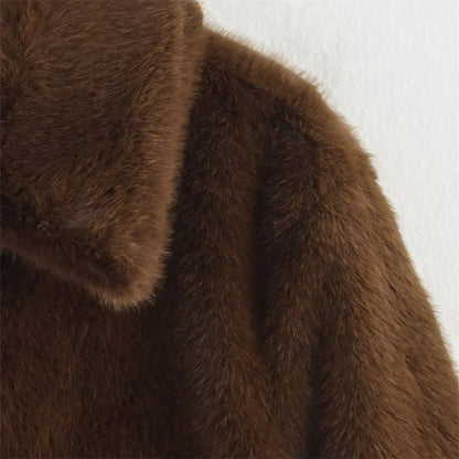 Comfortable Brown Faux Fur Coat for Women with Knit Relaxed Fit Everyday Wear Layered Style