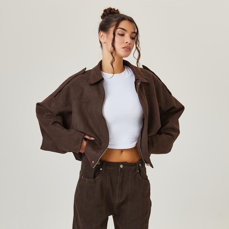 Comfortable Brown Faux Suede Jacket for Women with Collared Zip Front Oversized Fit Relaxed Fit Cropped Layered Style