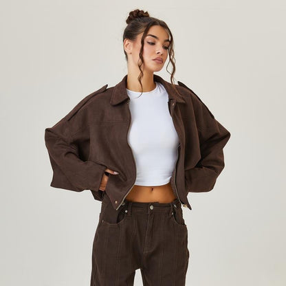 Comfortable Brown Faux Suede Jacket for Women with Collared Zip Front Oversized Fit Relaxed Fit Cropped Layered Style