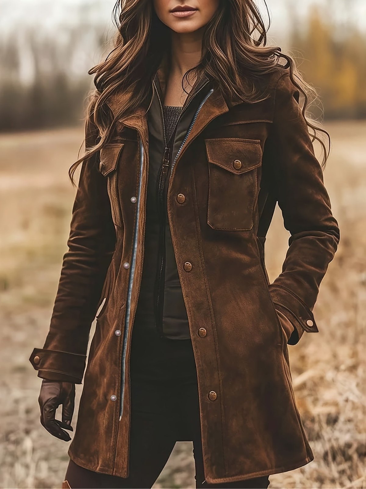 Comfortable Brown Faux Suede Jacket for Women with Collared Long Sleeve Button Front Side Pockets Layered Style