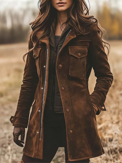 Comfortable Brown Faux Suede Jacket for Women with Collared Long Sleeve Button Front Side Pockets Layered Style