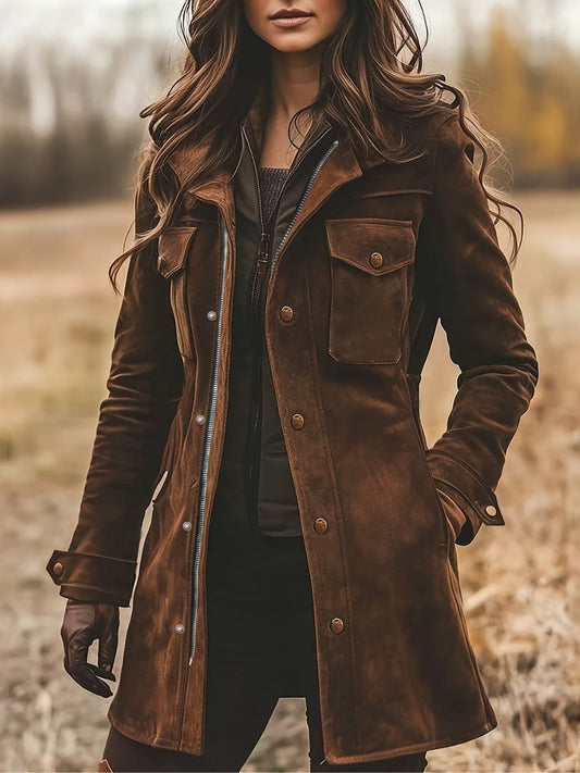 Comfortable Brown Faux Suede Jacket for Women with Collared Long Sleeve Button Front Side Pockets Layered Style