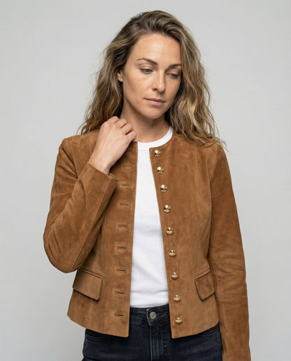 Comfortable Brown Faux Suede Jacket for Women with Collared Button Front Cropped Outdoor Style