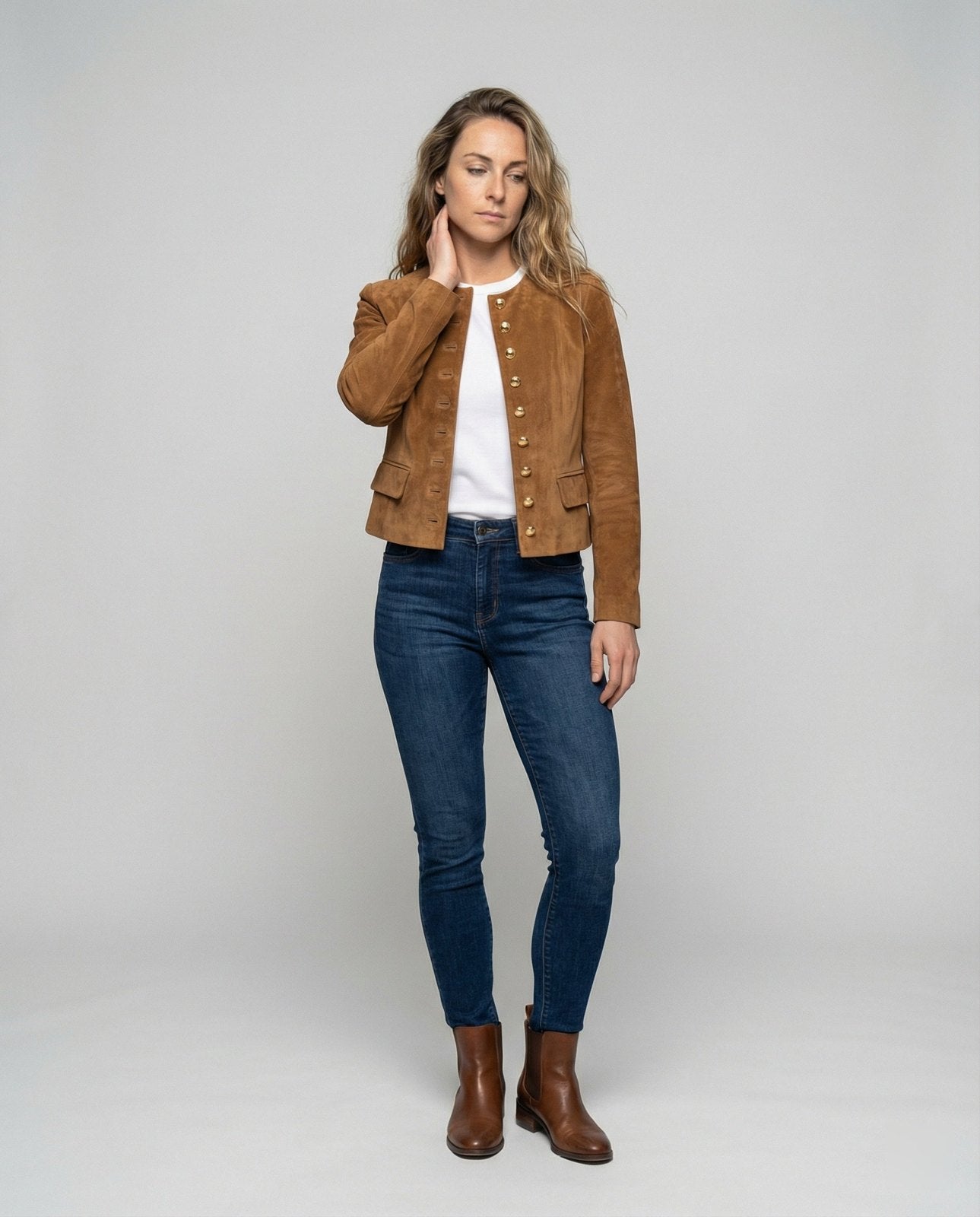 Comfortable Brown Faux Suede Jacket for Women with Collared Button Front Cropped Outdoor Style