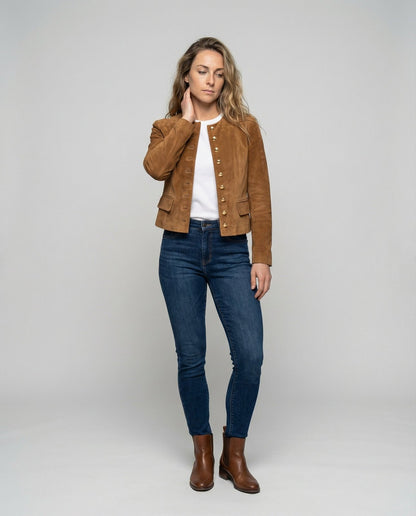 Comfortable Brown Faux Suede Jacket for Women with Collared Button Front Cropped Outdoor Style