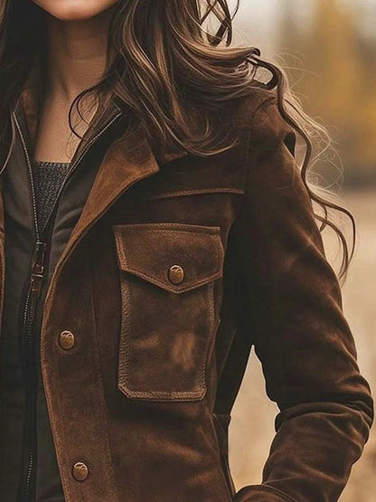 Comfortable Brown Faux Suede Jacket for Women with Collared Long Sleeve Button Front Side Pockets Layered Style