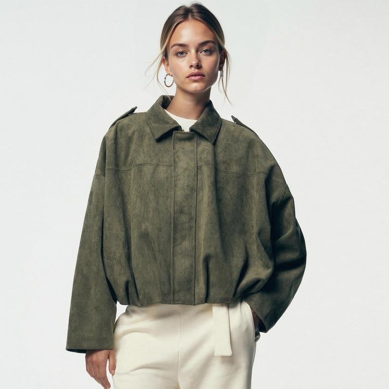 Comfortable Brown Faux Suede Jacket for Women with Collared Zip Front Oversized Fit Relaxed Fit Cropped Layered Style