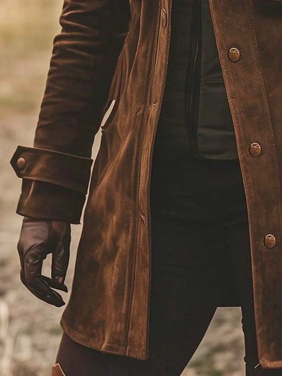 Comfortable Brown Faux Suede Jacket for Women with Collared Long Sleeve Button Front Side Pockets Layered Style