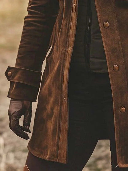 Comfortable Brown Faux Suede Jacket for Women with Collared Long Sleeve Button Front Side Pockets Layered Style