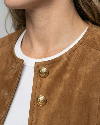 Comfortable Brown Faux Suede Jacket for Women with Collared Button Front Cropped Outdoor Style