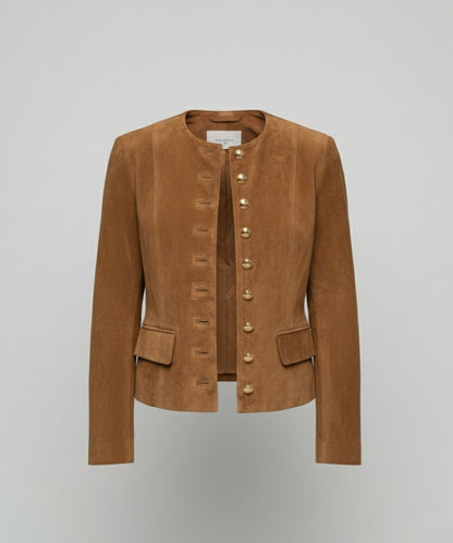 Comfortable Brown Faux Suede Jacket for Women with Collared Button Front Cropped Outdoor Style