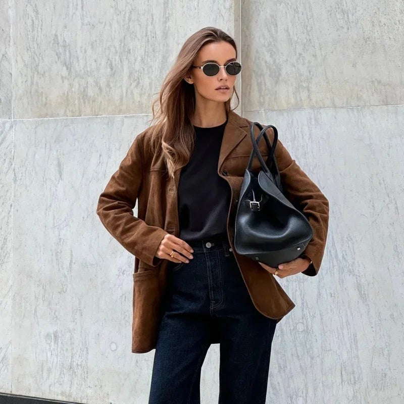 Comfortable Brown Faux Suede Jacket for Women with Long Sleeve Button Front Relaxed Fit Outdoor Style
