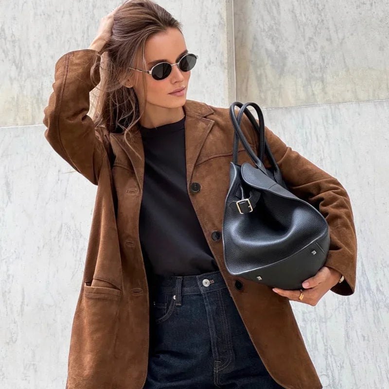 Comfortable Brown Faux Suede Jacket for Women with Long Sleeve Button Front Relaxed Fit Outdoor Style
