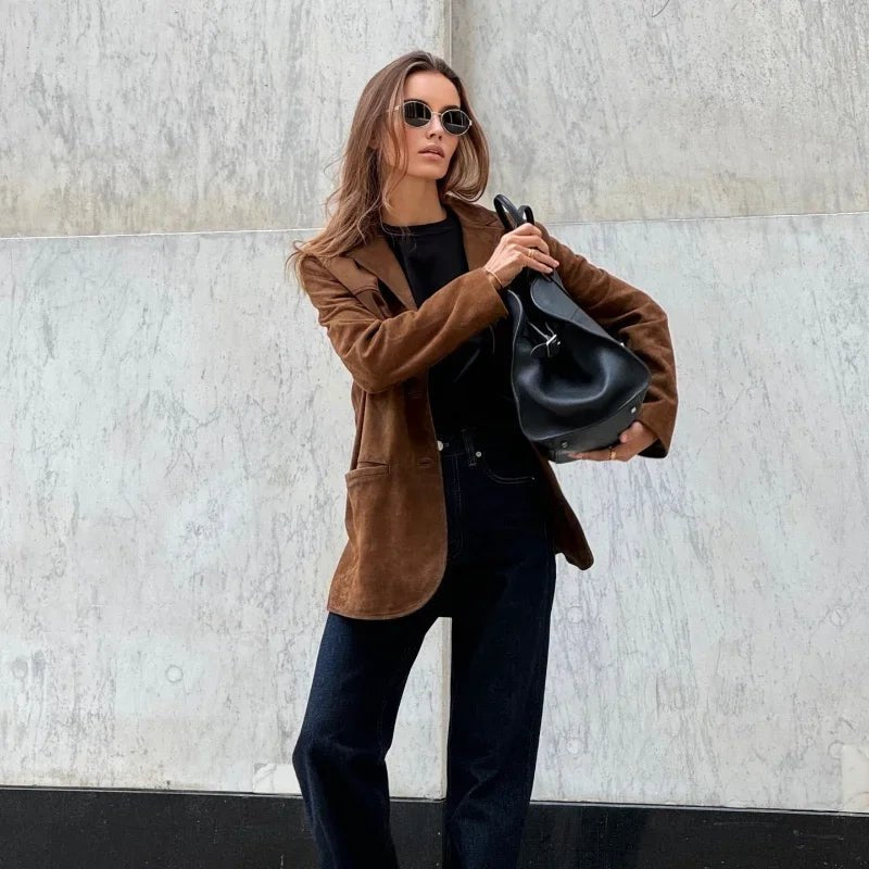 Comfortable Brown Faux Suede Jacket for Women with Long Sleeve Button Front Relaxed Fit Outdoor Style