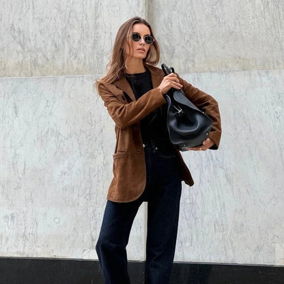 Comfortable Brown Faux Suede Jacket for Women with Long Sleeve Button Front Relaxed Fit Outdoor Style