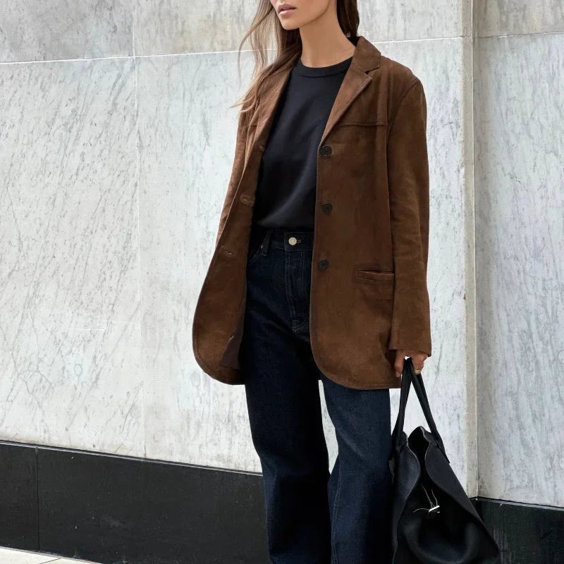 Comfortable Brown Faux Suede Jacket for Women with Long Sleeve Button Front Relaxed Fit Outdoor Style