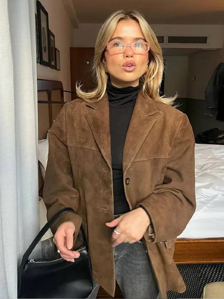 Comfortable Brown Faux Suede Jacket for Women with Relaxed Fit Everyday Wear Soft Finish Winter Style