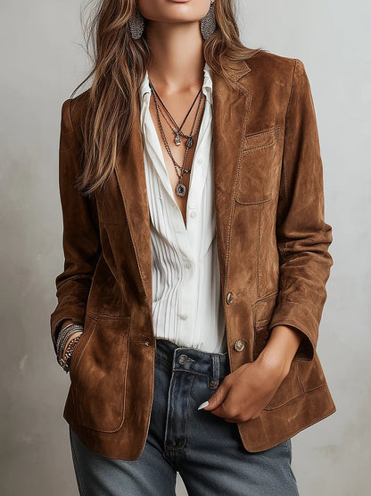 Comfortable Brown Faux Suede Jacket for Women with Relaxed Fit Everyday Wear Soft Finish Outdoor Style