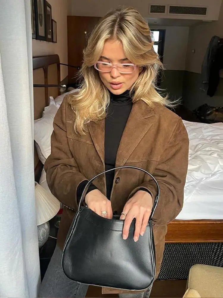 Comfortable Brown Faux Suede Jacket for Women with Relaxed Fit Everyday Wear Soft Finish Winter Style