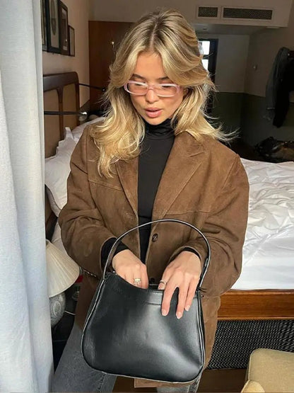 Comfortable Brown Faux Suede Jacket for Women with Relaxed Fit Everyday Wear Soft Finish Winter Style