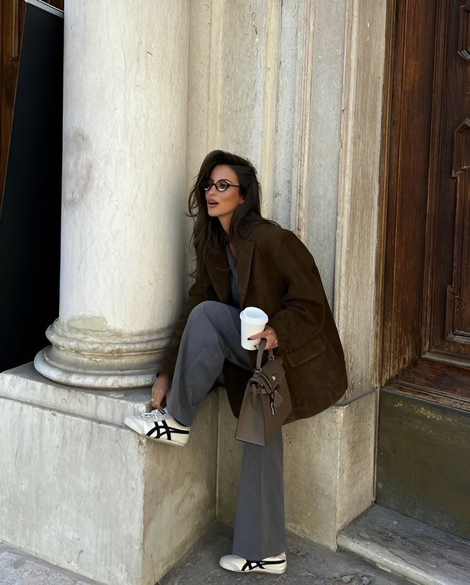 Comfortable Brown Faux Suede Jacket for Women with Relaxed Fit Everyday Wear Soft Finish Layered Style