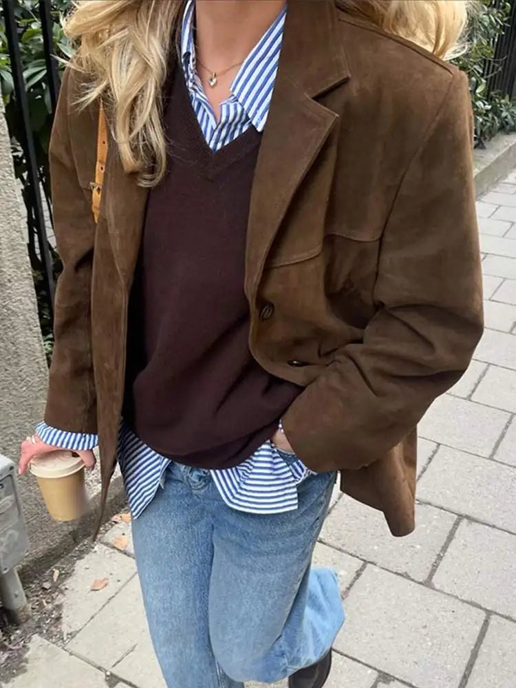 Comfortable Brown Faux Suede Jacket for Women with Relaxed Fit Everyday Wear Soft Finish Winter Style