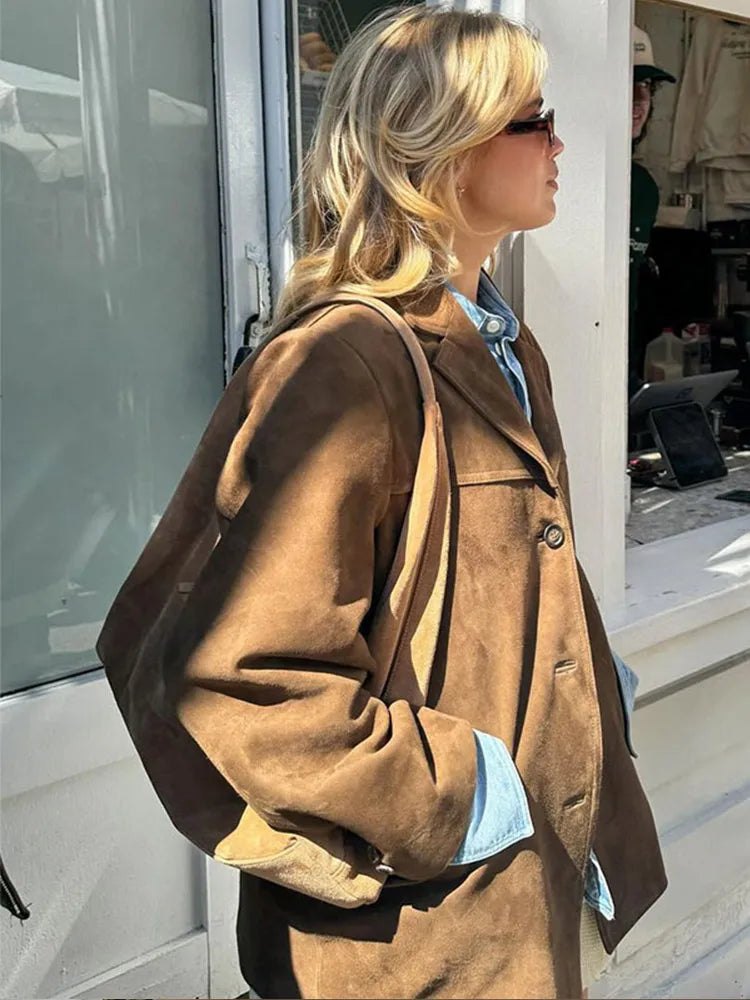 Comfortable Brown Faux Suede Jacket for Women with Relaxed Fit Everyday Wear Soft Finish Winter Style