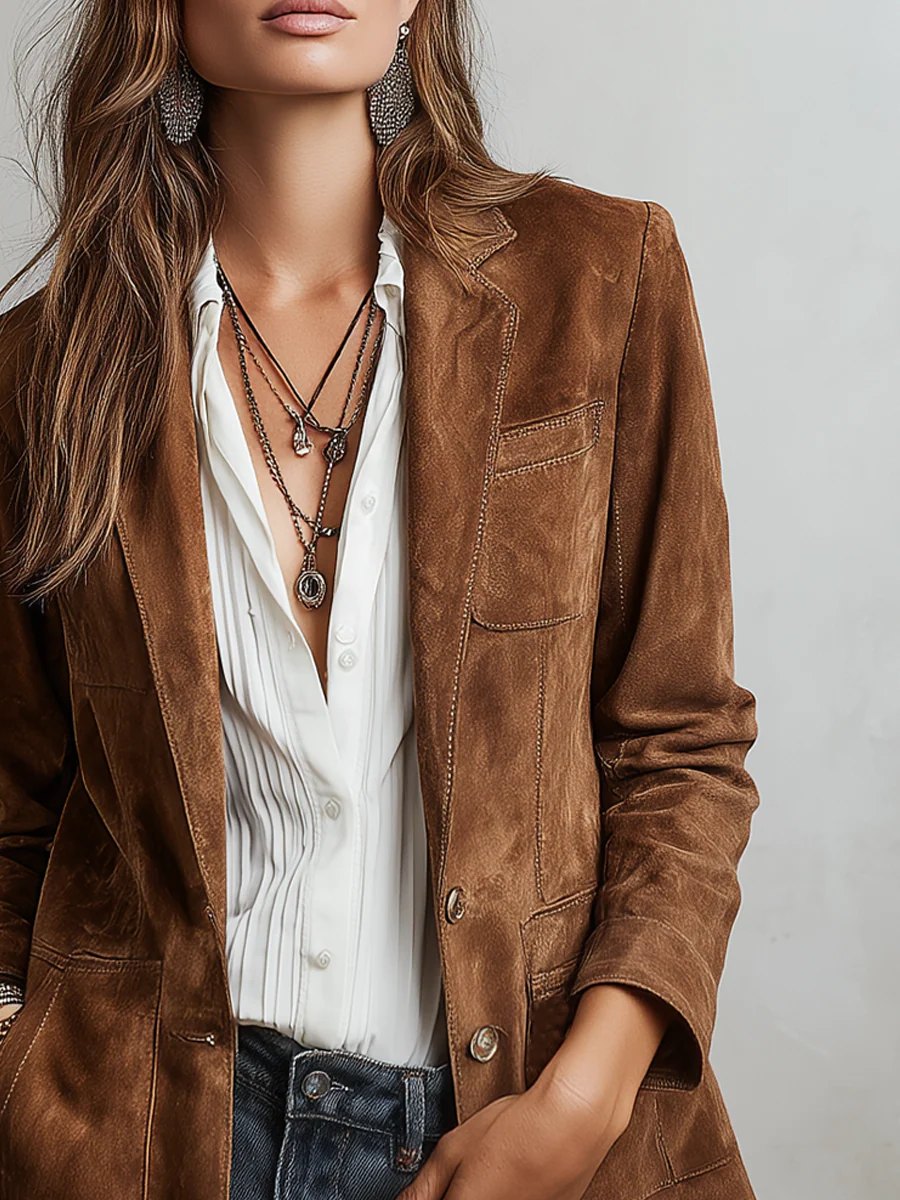 Comfortable Brown Faux Suede Jacket for Women with Relaxed Fit Everyday Wear Soft Finish Outdoor Style