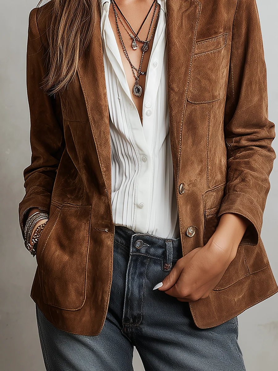 Comfortable Brown Faux Suede Jacket for Women with Relaxed Fit Everyday Wear Soft Finish Outdoor Style