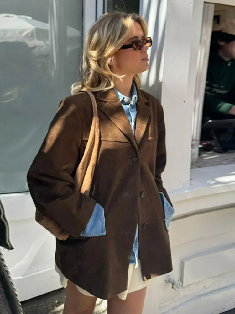 Comfortable Brown Faux Suede Jacket for Women with Relaxed Fit Everyday Wear Soft Finish Winter Style