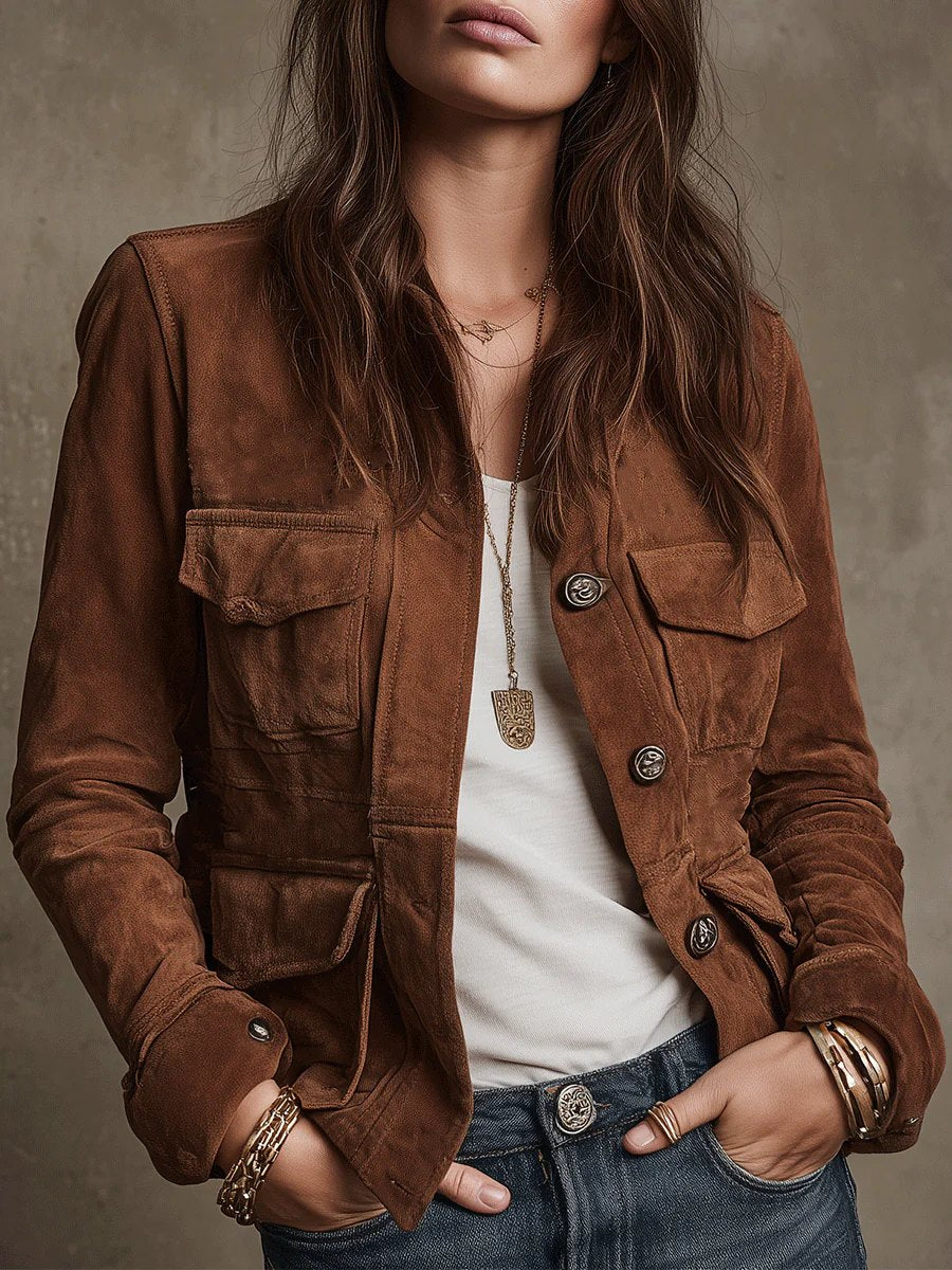 Comfortable Brown Faux Suede Jacket for Women with Side Pockets Relaxed Fit Everyday Wear Layered Style