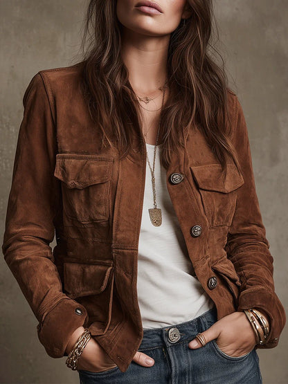 Comfortable Brown Faux Suede Jacket for Women with Side Pockets Relaxed Fit Everyday Wear Layered Style