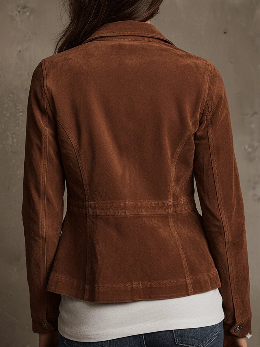 Comfortable Brown Faux Suede Jacket for Women with Side Pockets Relaxed Fit Everyday Wear Layered Style