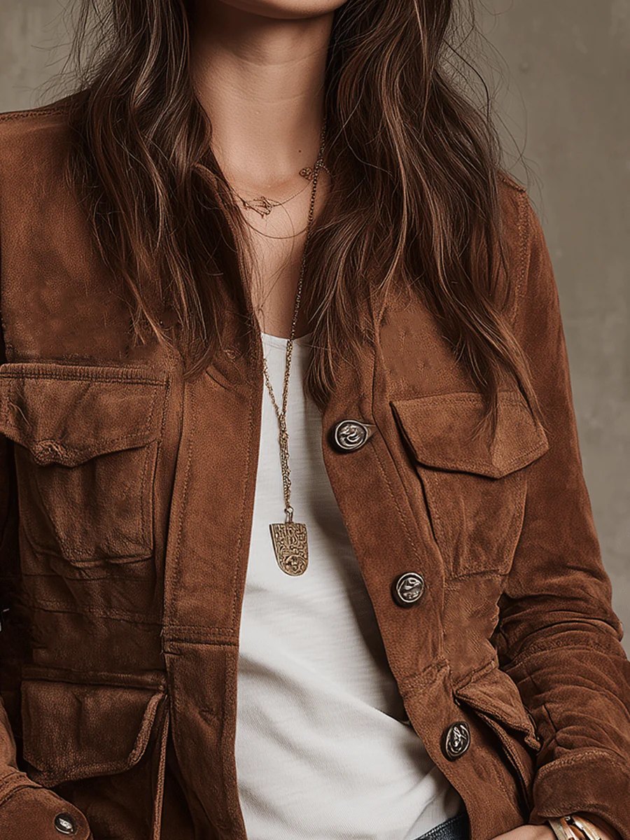 Comfortable Brown Faux Suede Jacket for Women with Side Pockets Relaxed Fit Everyday Wear Layered Style