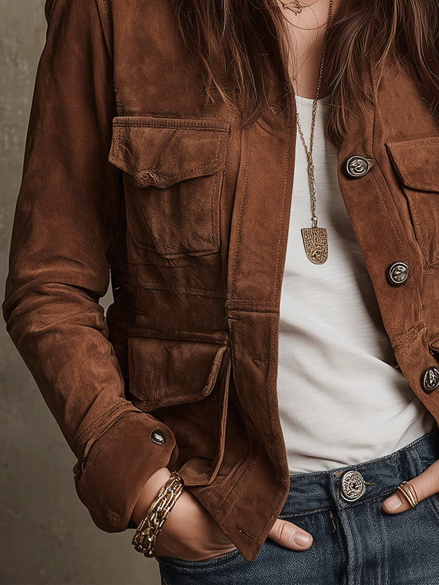 Comfortable Brown Faux Suede Jacket for Women with Side Pockets Relaxed Fit Everyday Wear Layered Style
