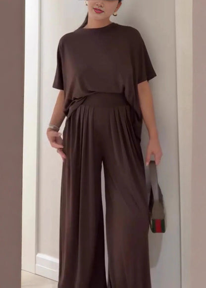 Comfortable Brown Loungewear Set for Women with Wide Leg Relaxed Fit Everyday Wear Lounge Style