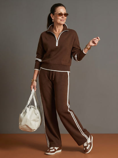 Comfortable Brown Sweat Set for Women with Long Sleeve Zip Front Wide Leg Relaxed Fit Knit Everyday Style