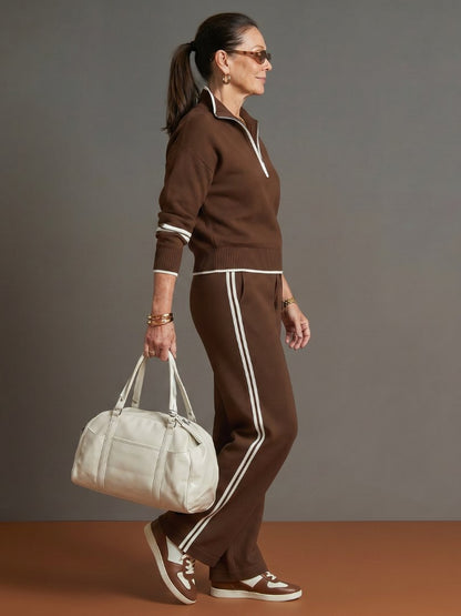 Comfortable Brown Sweat Set for Women with Long Sleeve Zip Front Wide Leg Relaxed Fit Knit Everyday Style