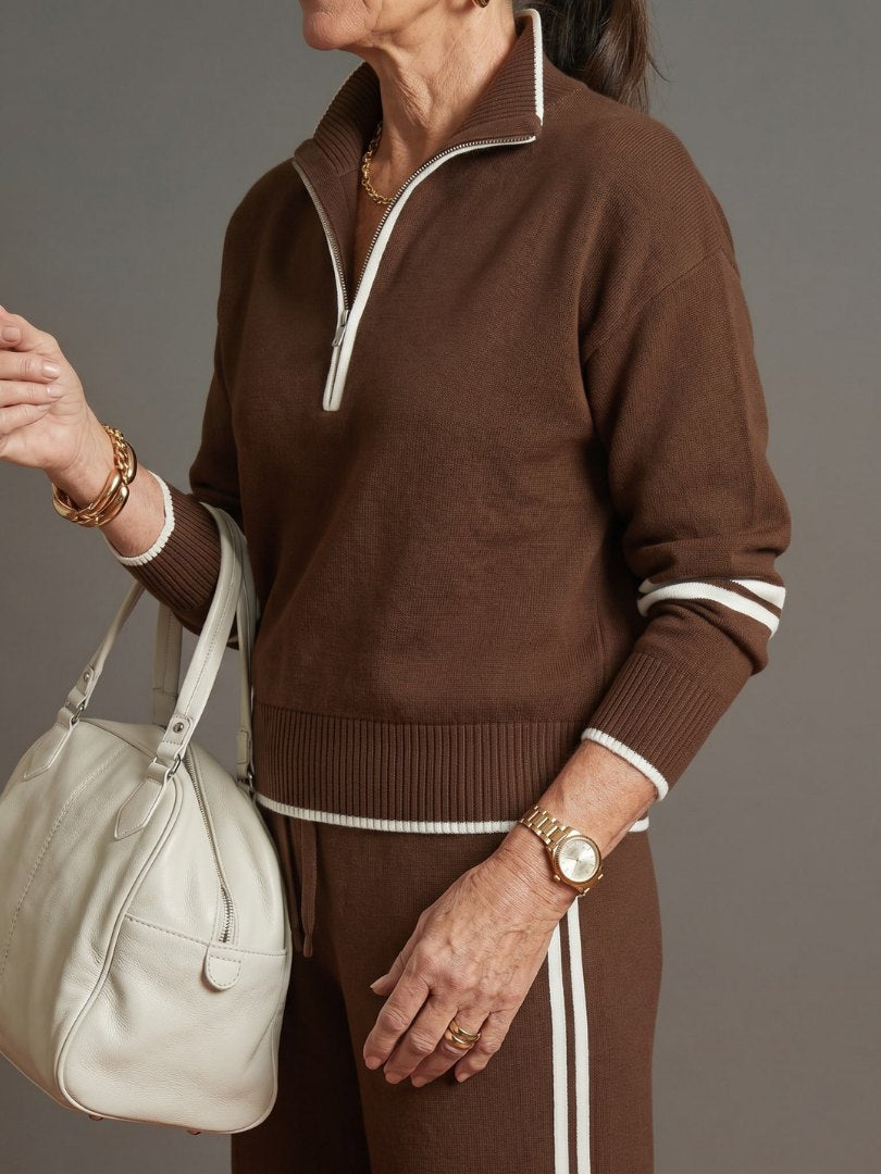 Comfortable Brown Sweat Set for Women with Long Sleeve Zip Front Wide Leg Relaxed Fit Knit Everyday Style