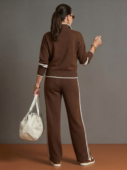 Comfortable Brown Sweat Set for Women with Long Sleeve Zip Front Wide Leg Relaxed Fit Knit Everyday Style