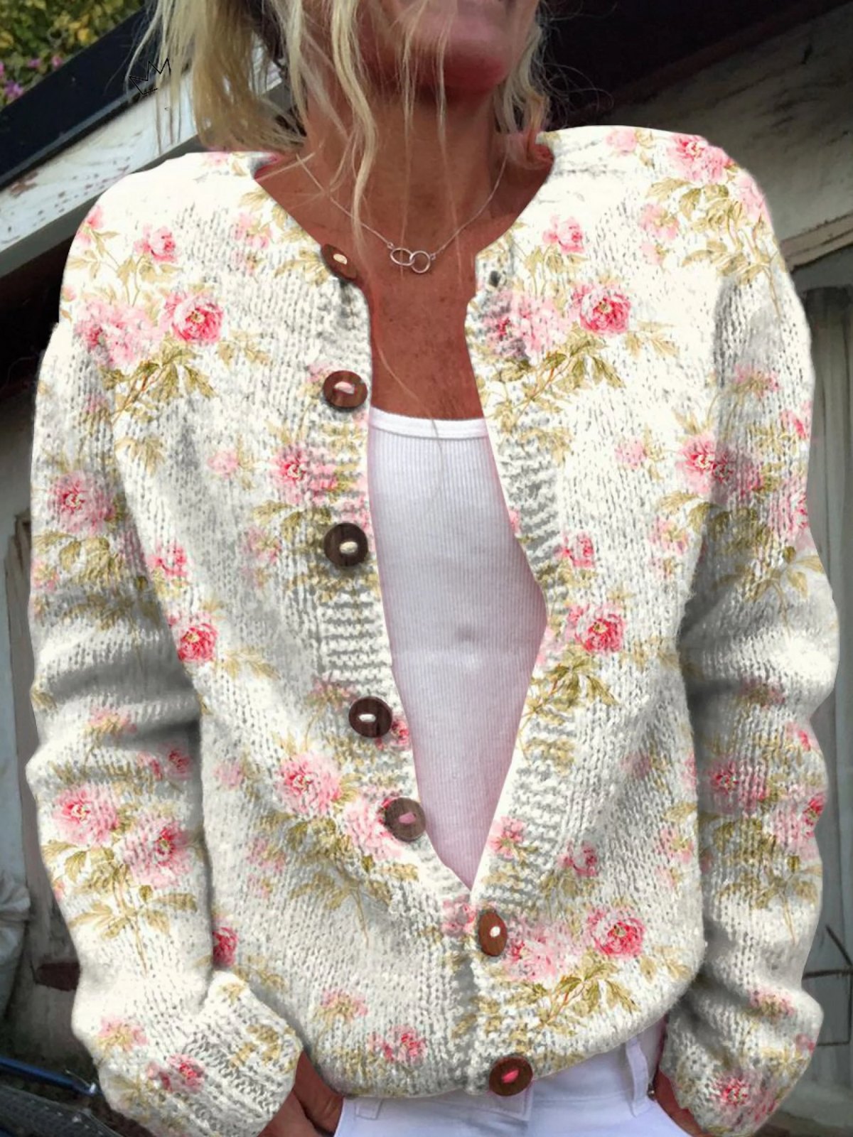 Comfortable Cardigan for Women with Button Front Relaxed Fit Floral Print Knit Layered Style