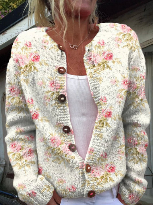 Comfortable Cardigan for Women with Button Front Relaxed Fit Floral Print Knit Layered Style