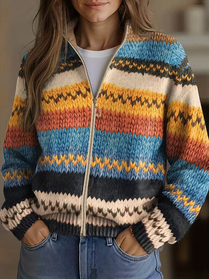 Comfortable Cardigan for Women with Zip Front Plaid Striped Knit Cosy Style