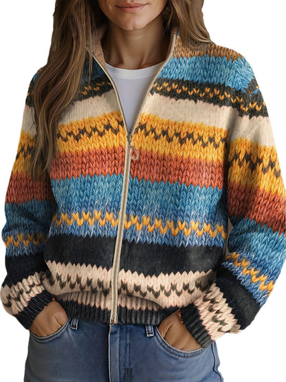 Comfortable Cardigan for Women with Zip Front Plaid Striped Knit Cosy Style