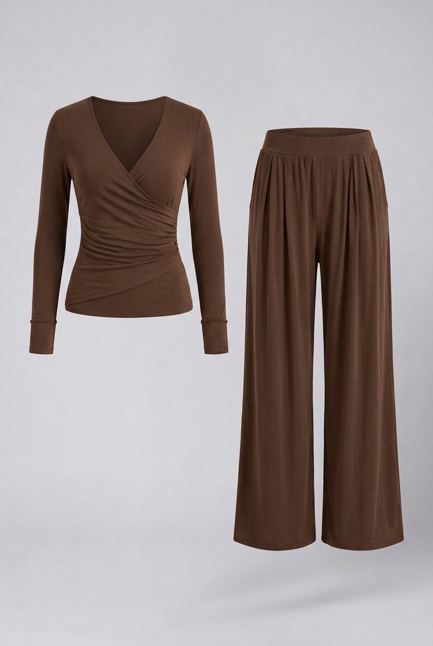 Comfortable Chocolate Loungewear Set for Women with V Neck Short Sleeve Side Pockets Elastic Waist Wide Leg Relaxed Styl