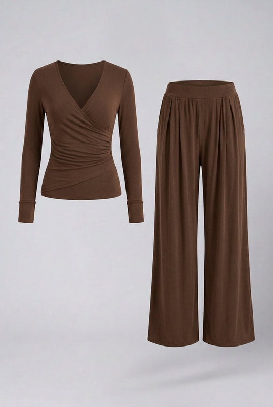 Comfortable Chocolate Loungewear Set for Women with V Neck Short Sleeve Side Pockets Elastic Waist Wide Leg Relaxed Styl